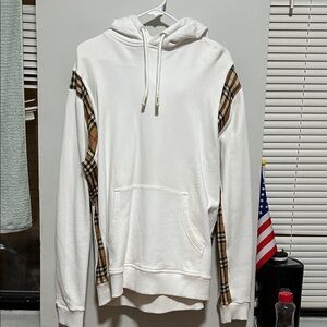 Burberry White Hoodie with Tan Plaid Accents
